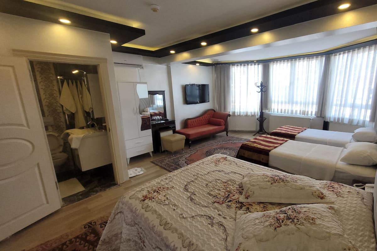 A hotel room with a large bed, a sofa, a desk, and a TV.