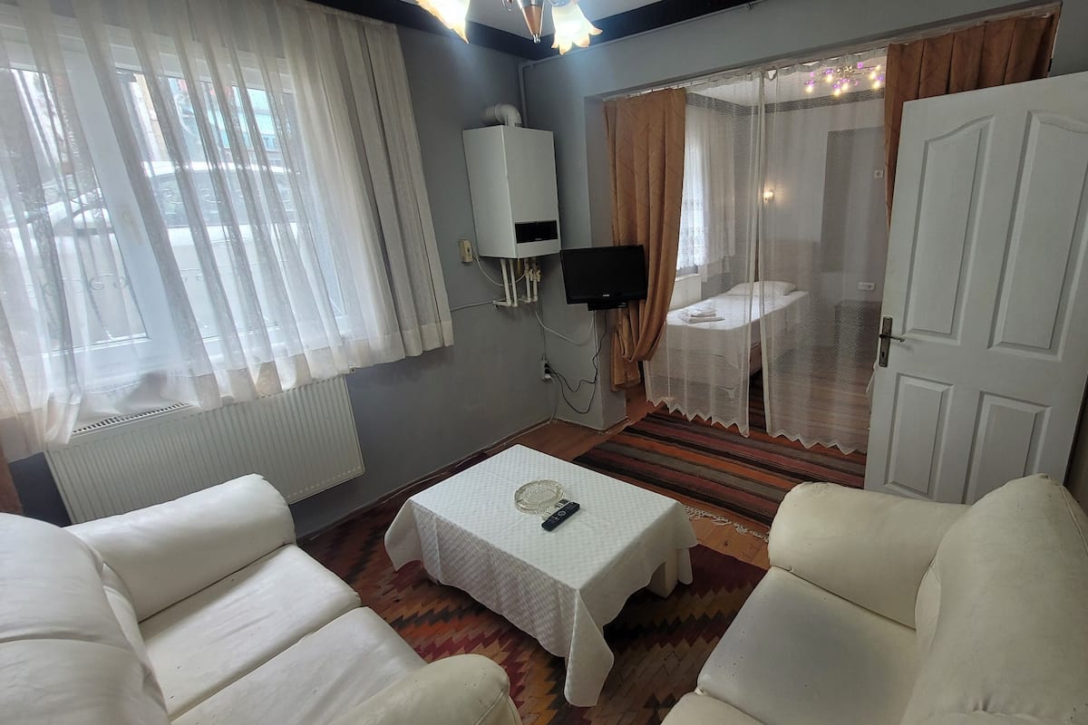 A room with a bed, a TV, a table, and a chair.
