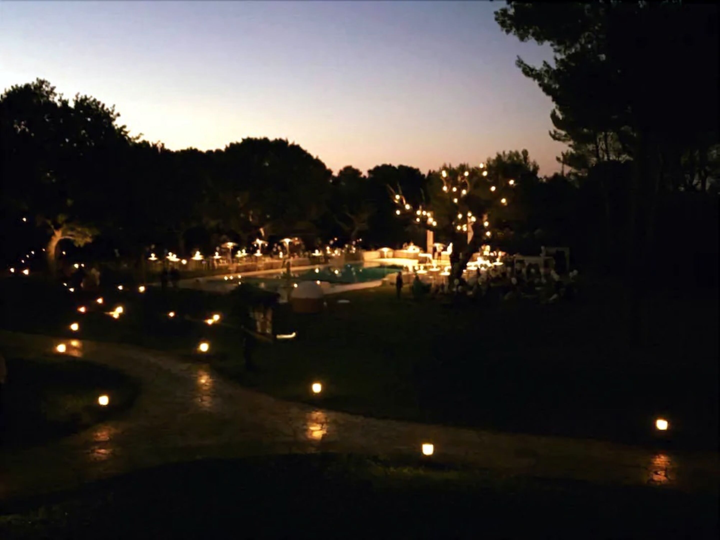 A nighttime view of a park with a swimming pool, trees, and scattered lights.