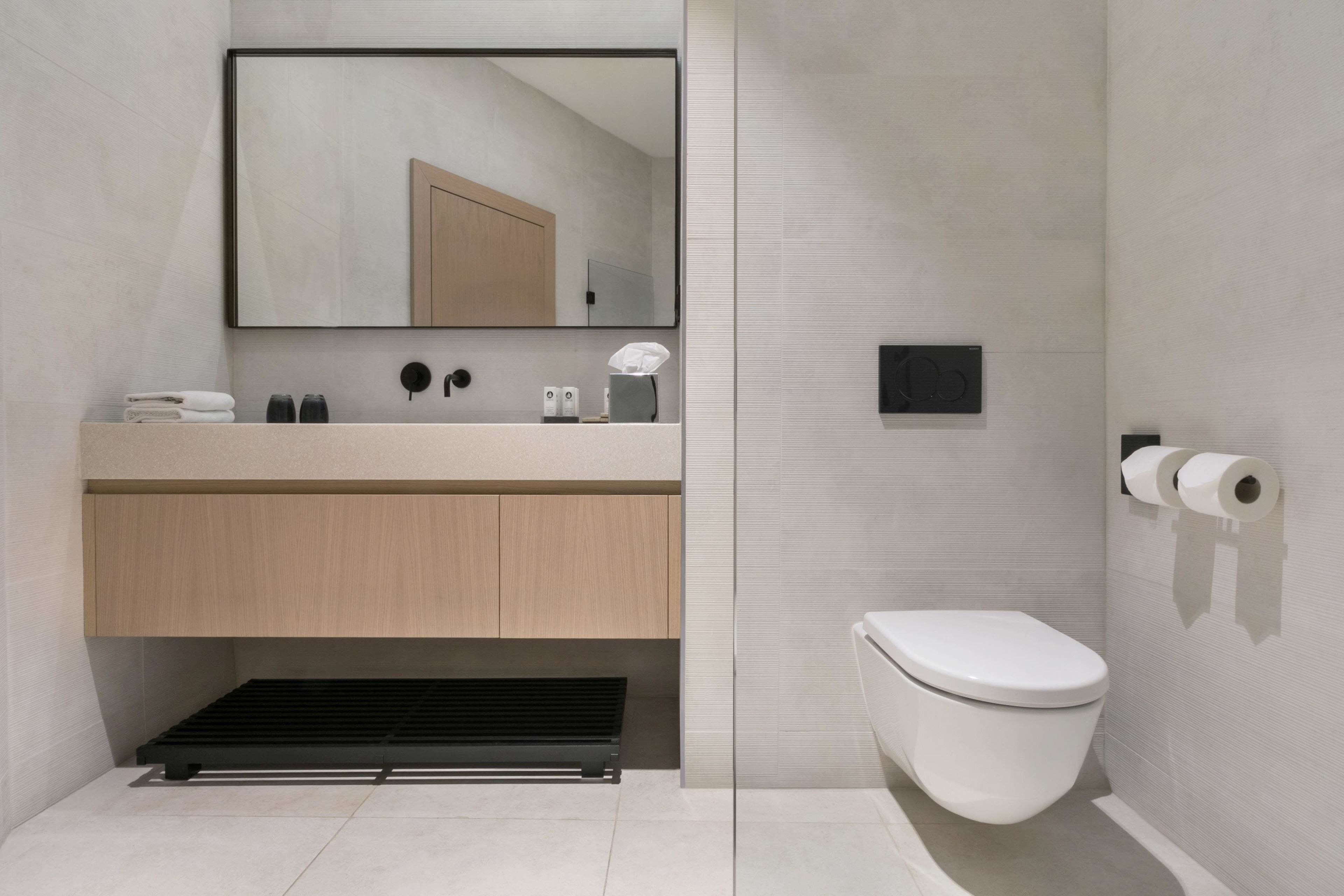 A modern bathroom with a toilet, sink, and mirror.