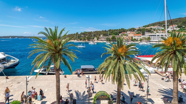 Un port de plaisance avec des bateaux, des palmiers et, au fond, un hôtel appelé « HVAR MARINA HOTEL ».