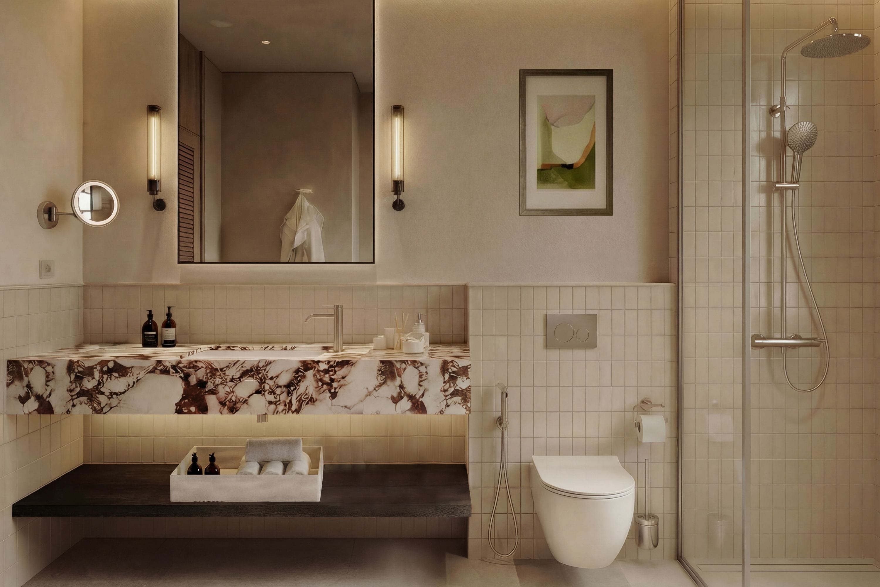 A modern bathroom with a marble vanity, a large mirror, a framed artwork, a shower enclosure, and a toilet.