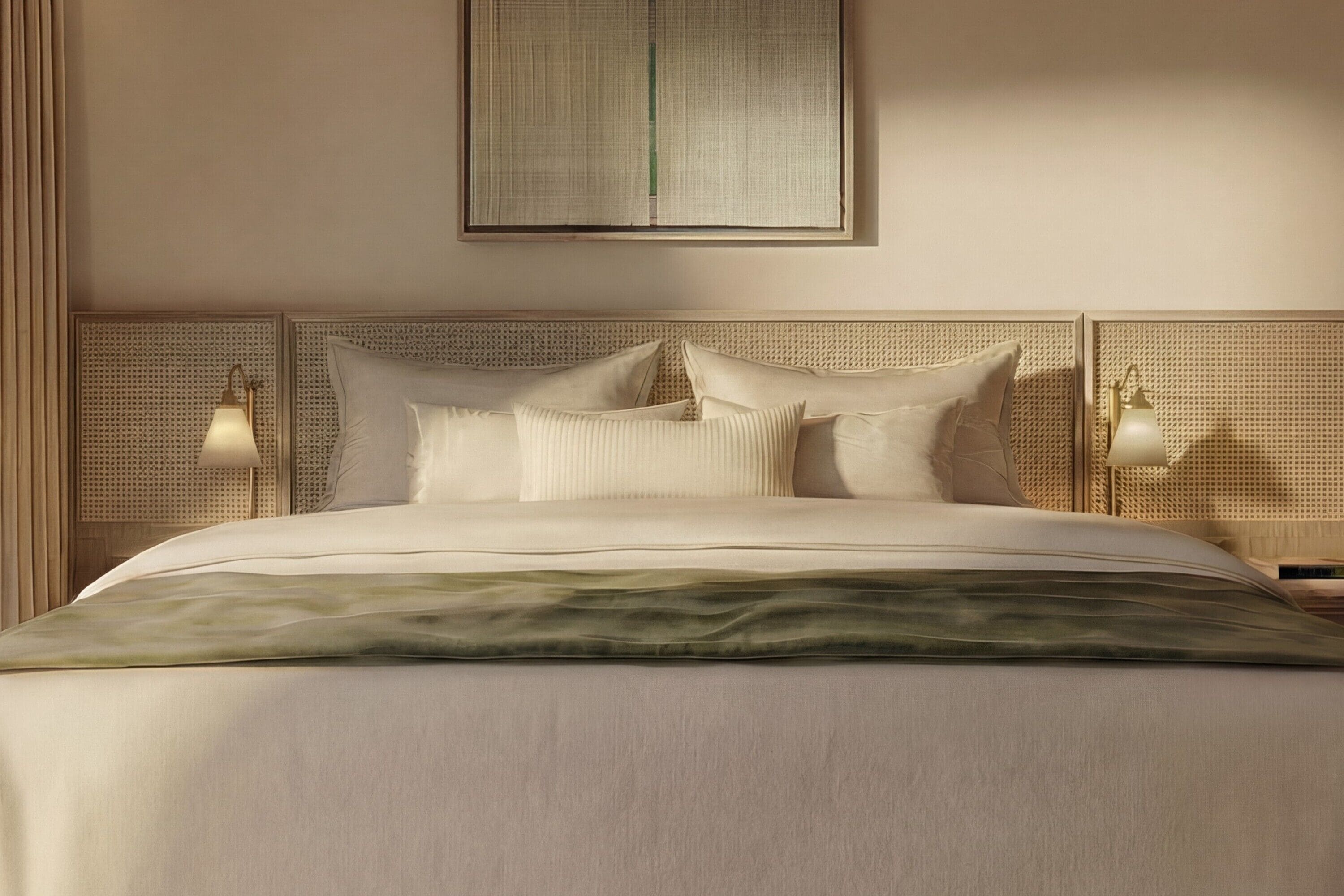A neatly made bed with a green throw blanket, two bedside lamps, and a large framed artwork above the bed.