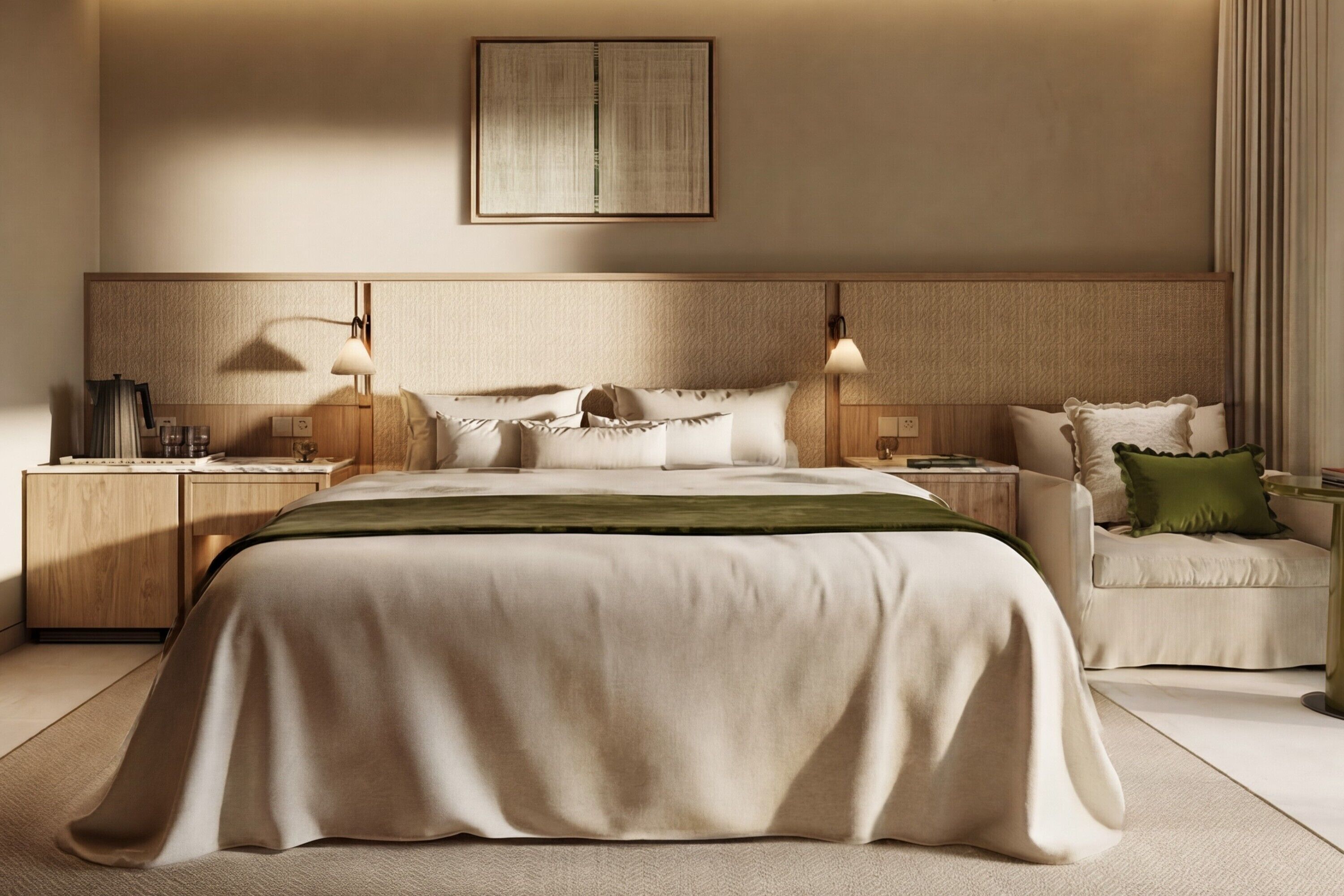 A modern hotel room with a large bed, two bedside tables, a nightstand, a green throw blanket, and a framed picture on the wall.
