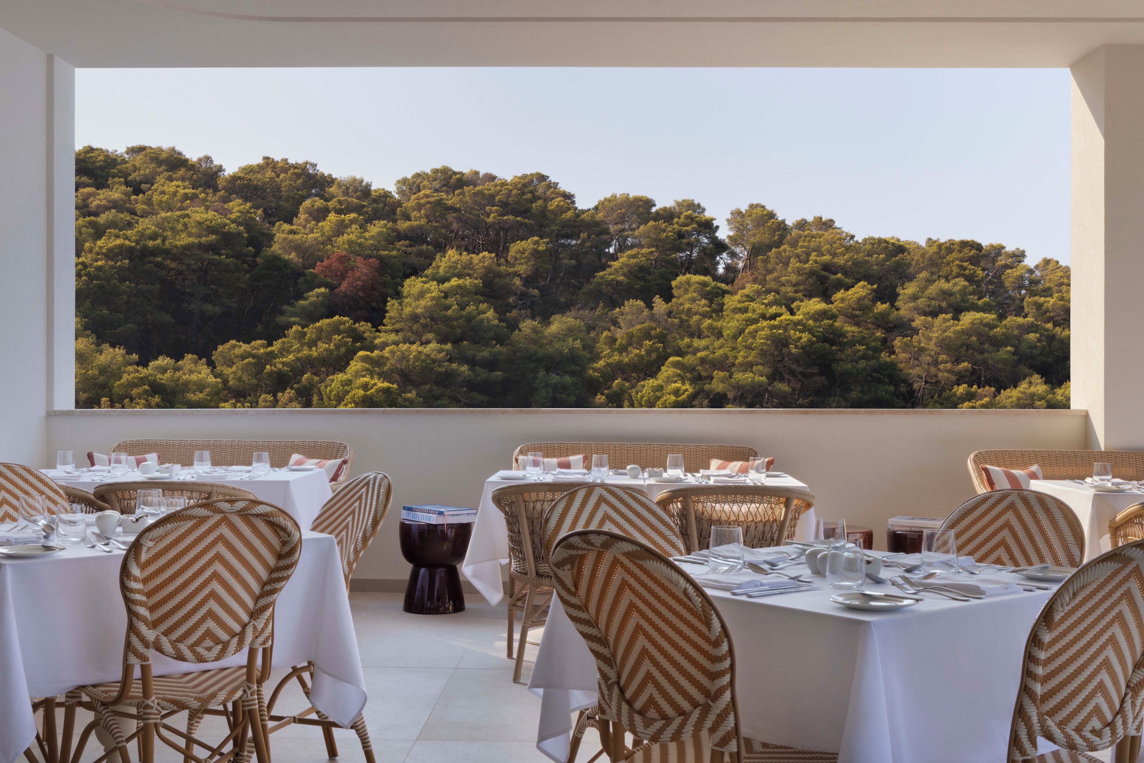 A restaurant with outdoor seating, white tablecloths, and wicker chairs, overlooking a forested area.