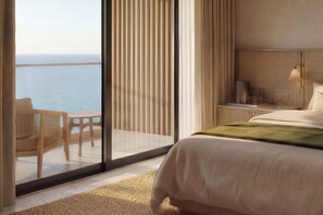 A modern hotel room with a large sliding glass door leading to a balcony with a view of the sea. The room features a bed, a nightstand, and a lamp. - Sirena Resort Hvar - NEW IN 2026 (Hvar)