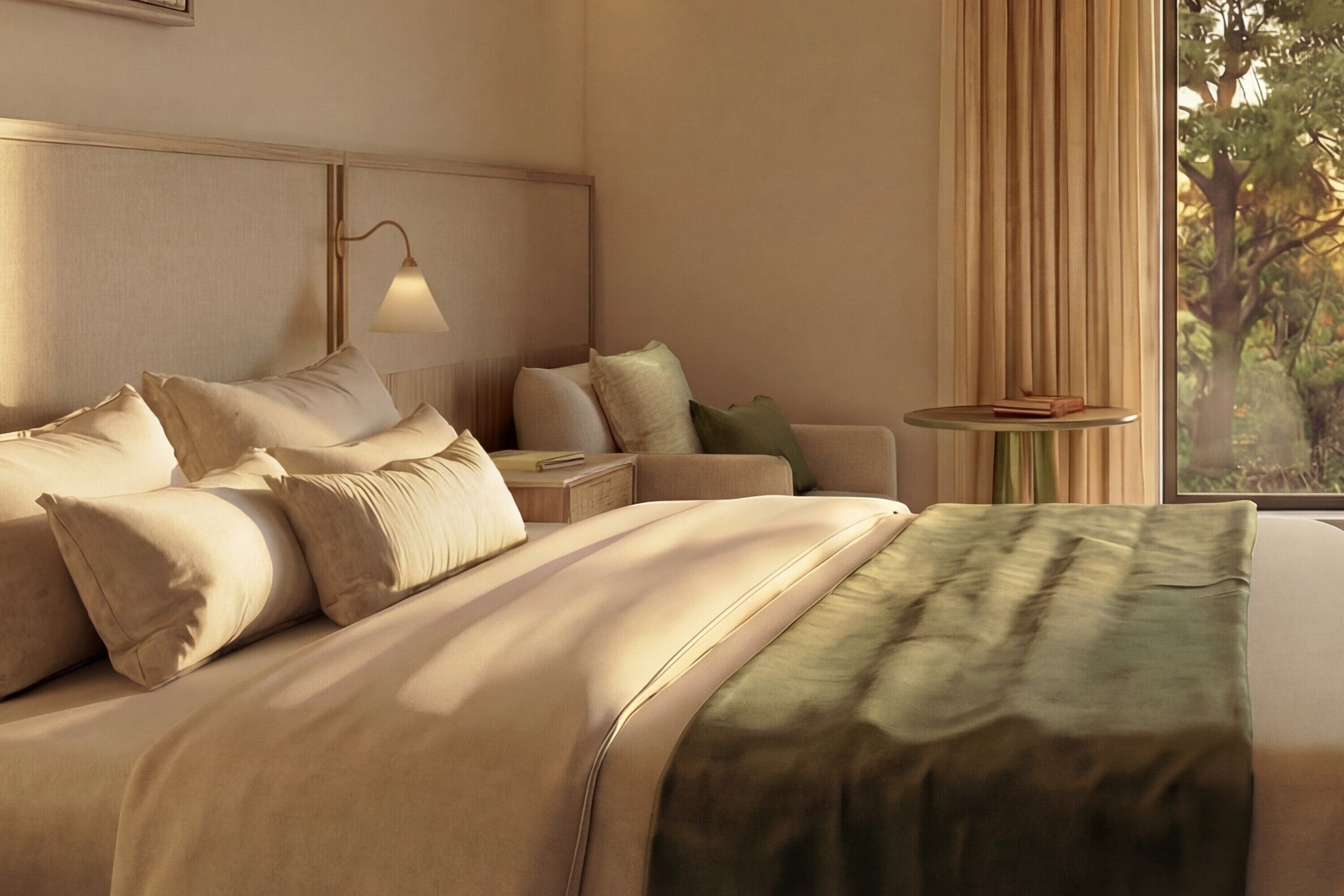 Een hotelkamer met een groot bed, een nachtkastje, een lamp, een klein rond tafeltje en uitzicht op bomen door het raam.