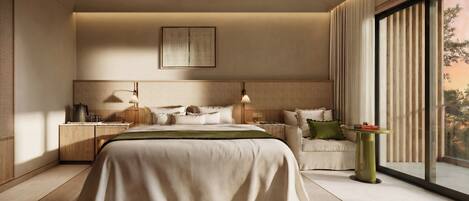 A modern bedroom with a large bed, bedside tables, a sofa, and a view of the outdoors.