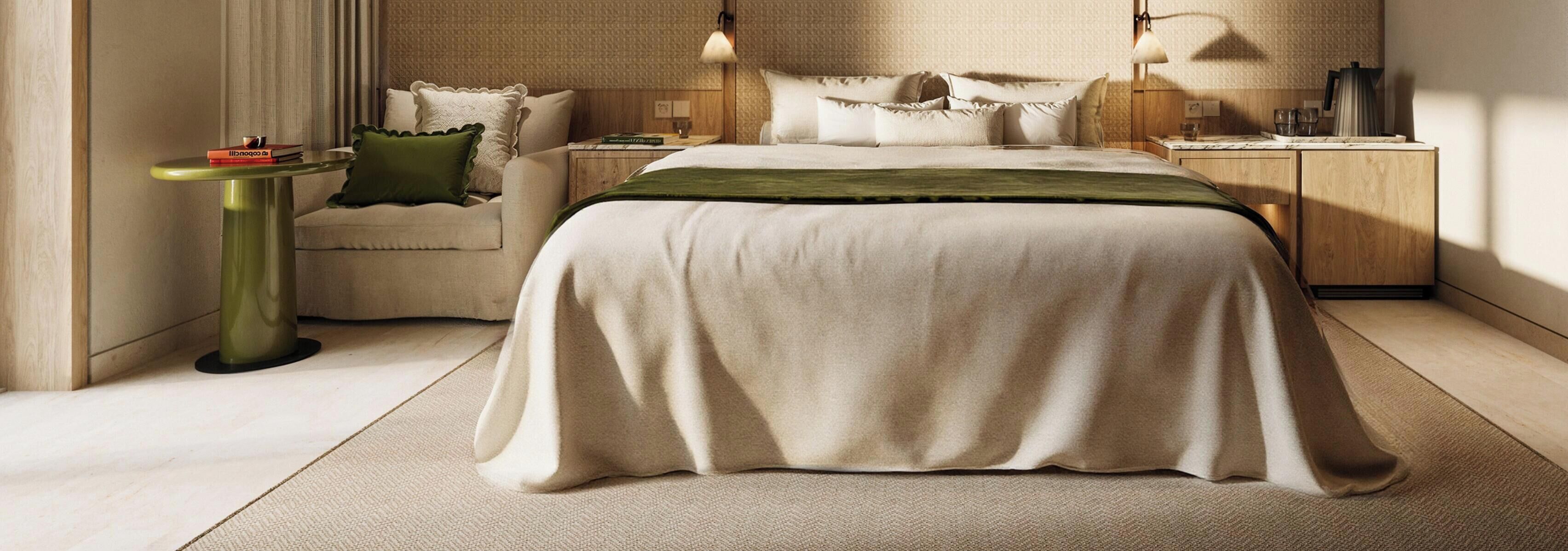 Roupas de cama premium, frigobar (abastecido com alguns itens grátis)