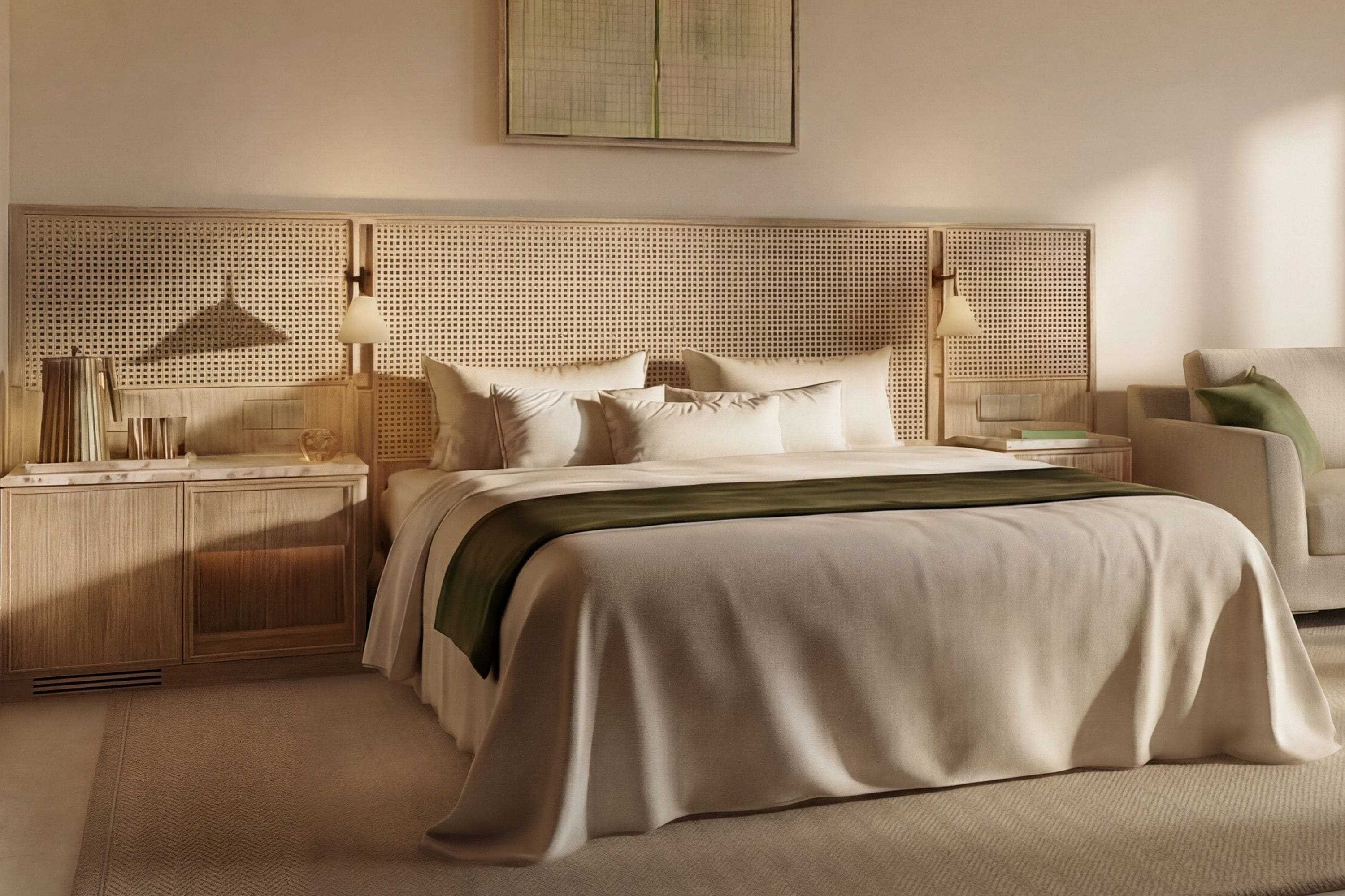 A neatly arranged bedroom with a large bed, two bedside tables, a nightstand, and a chair.