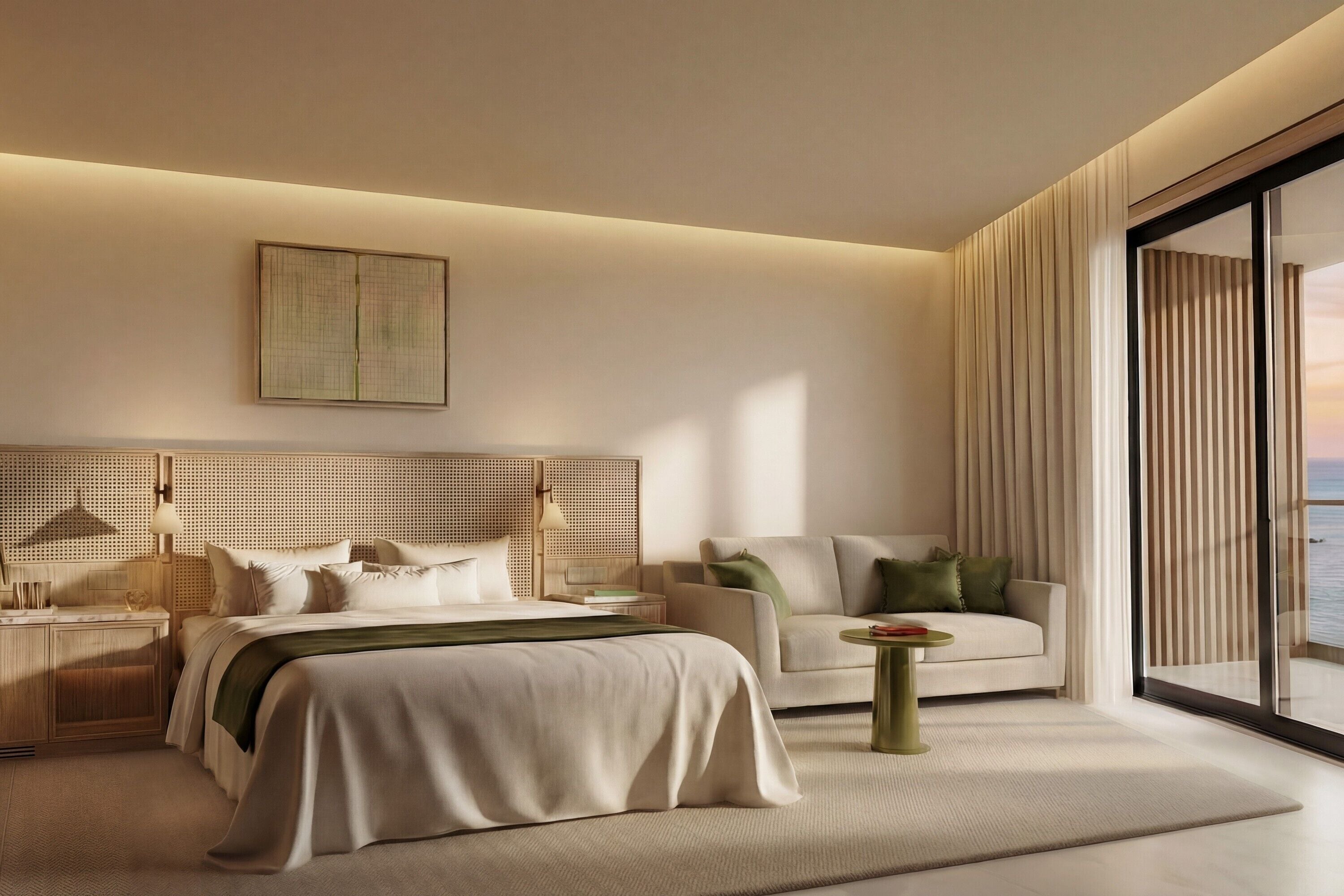 Premium bedding, free minibar items, desk, blackout curtains