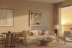 A modern living room with a sofa, armchairs, a coffee table, and a dining area with chairs and a table set for two. - Sirena Resort Hvar - NEW IN 2026 (Hvar)