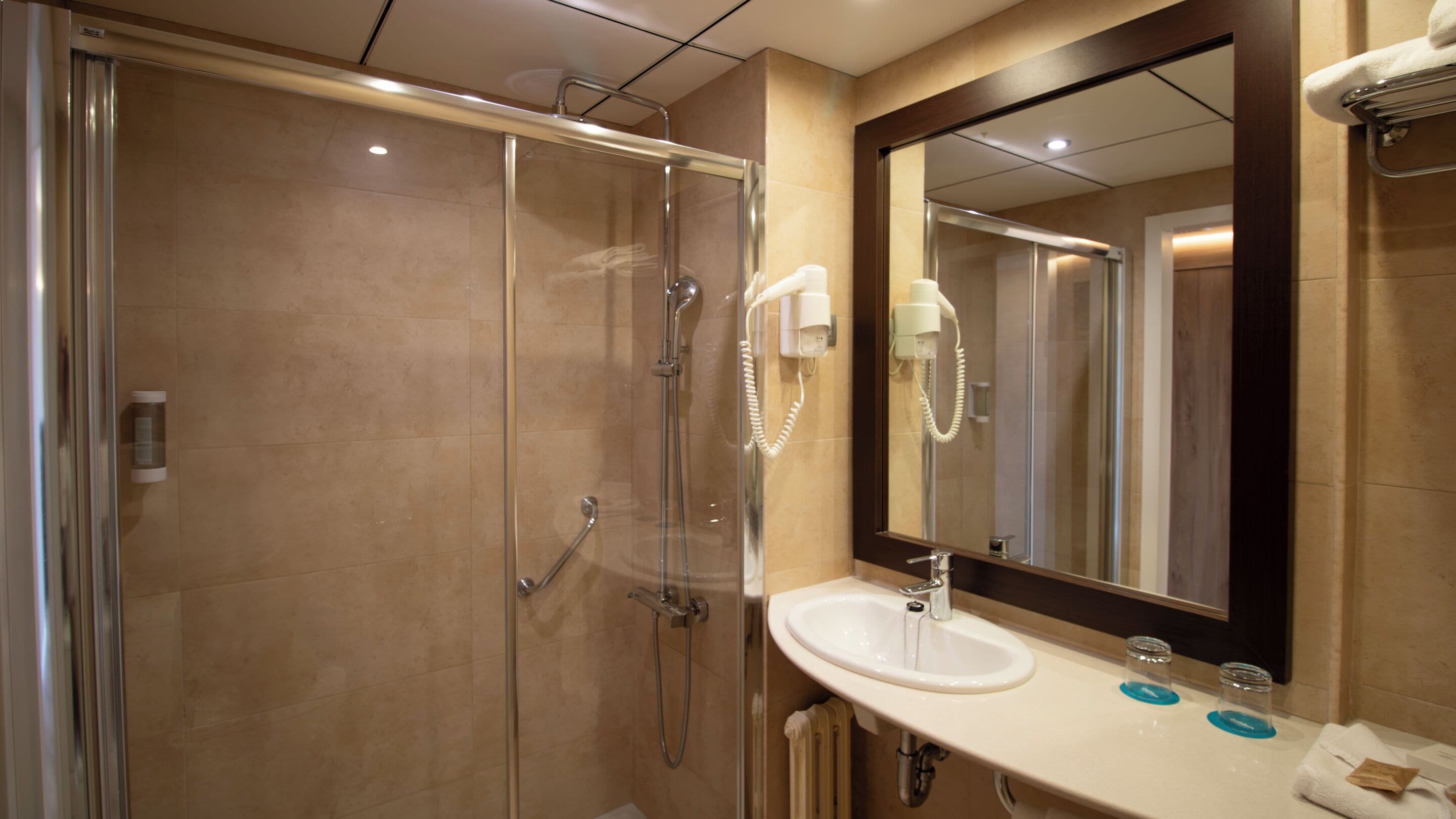 free toiletries, hair dryer, towels