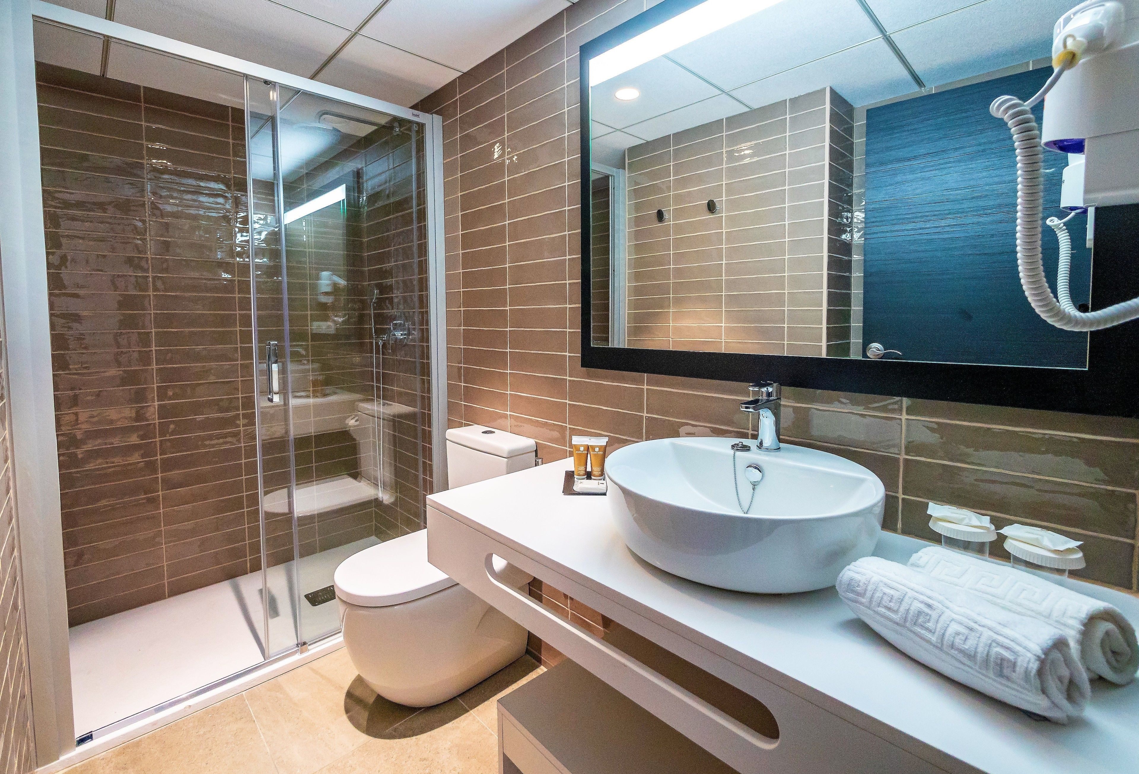 free toiletries, hair dryer, towels