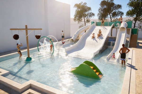 Innendørsbasseng,3 utendørsbassenger, bassengparasoller og solsenger