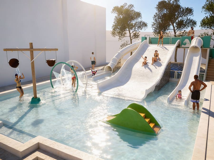 Innendørsbasseng,3 utendørsbassenger, bassengparasoller og solsenger