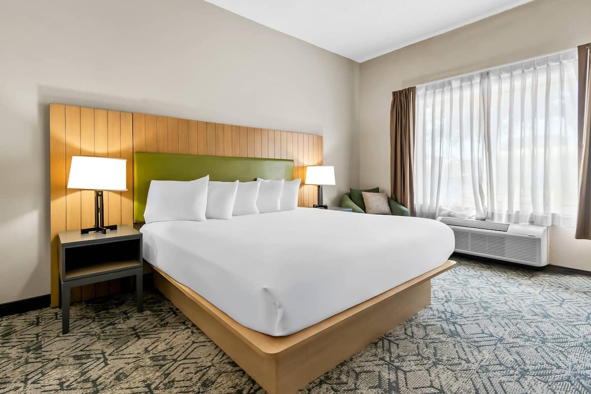 A hotel room with a large bed, two bedside tables with lamps, a wooden headboard, a window with sheer curtains, and a patterned carpet.