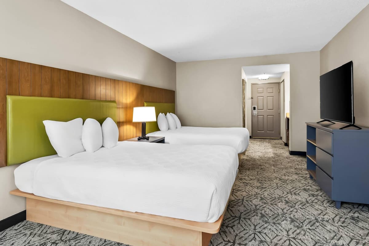 A hotel room with two beds, a television, a desk, and a patterned carpet.