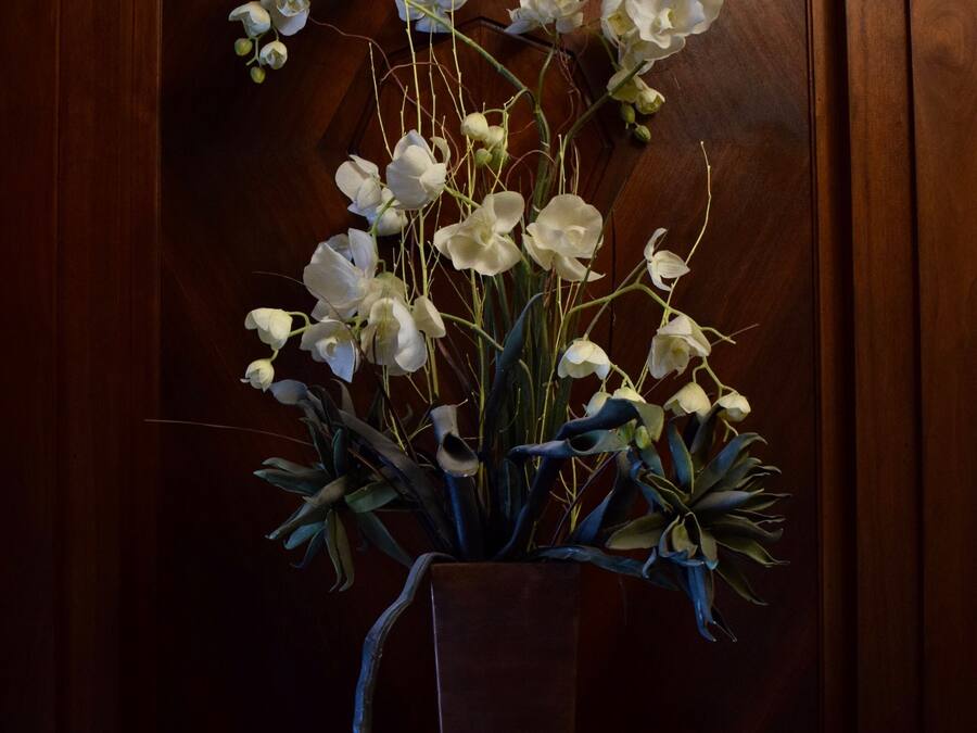 Un ramo de orquídeas blancas en un jarrón sobre una superficie de madera.