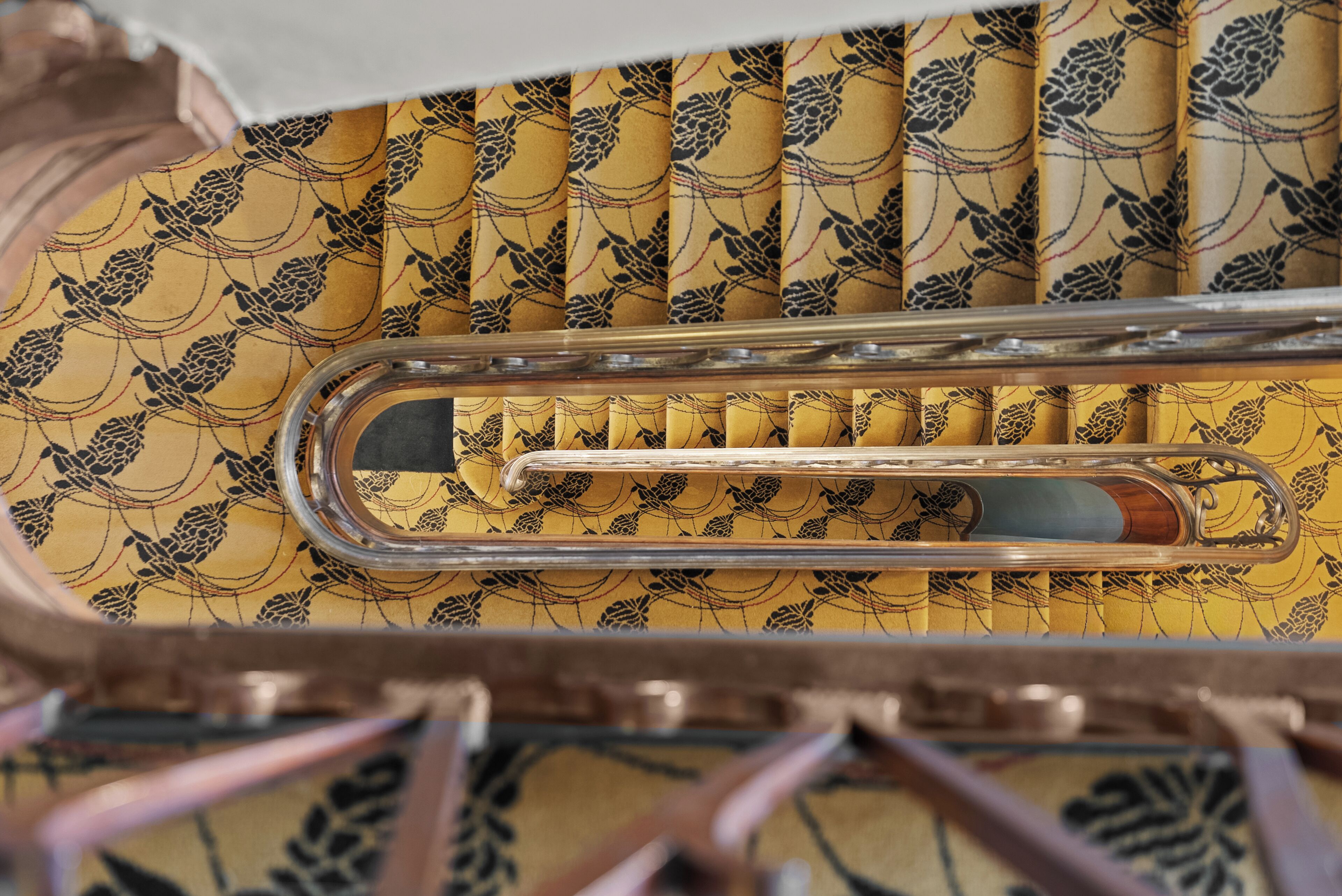 Primer plano de una escalera con alfombra de estampado floral y barandilla de metal.