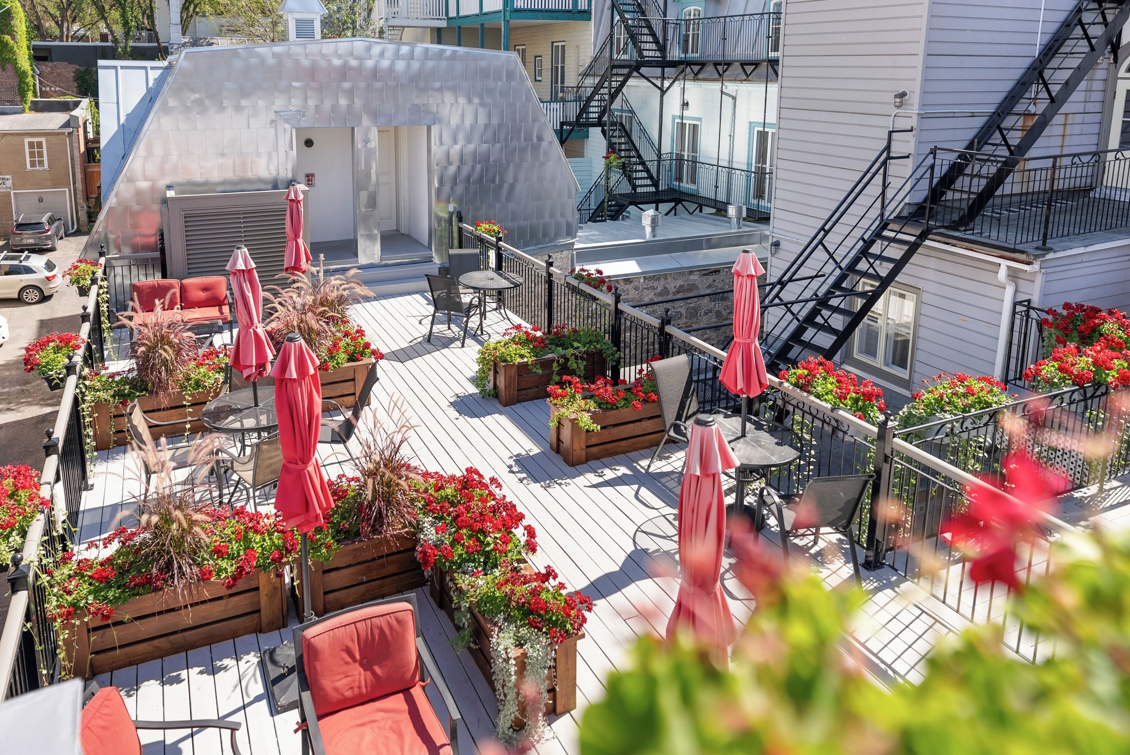 Terraza en la azotea con mobiliario exterior, plantas en macetas y una escalera de emergencia.