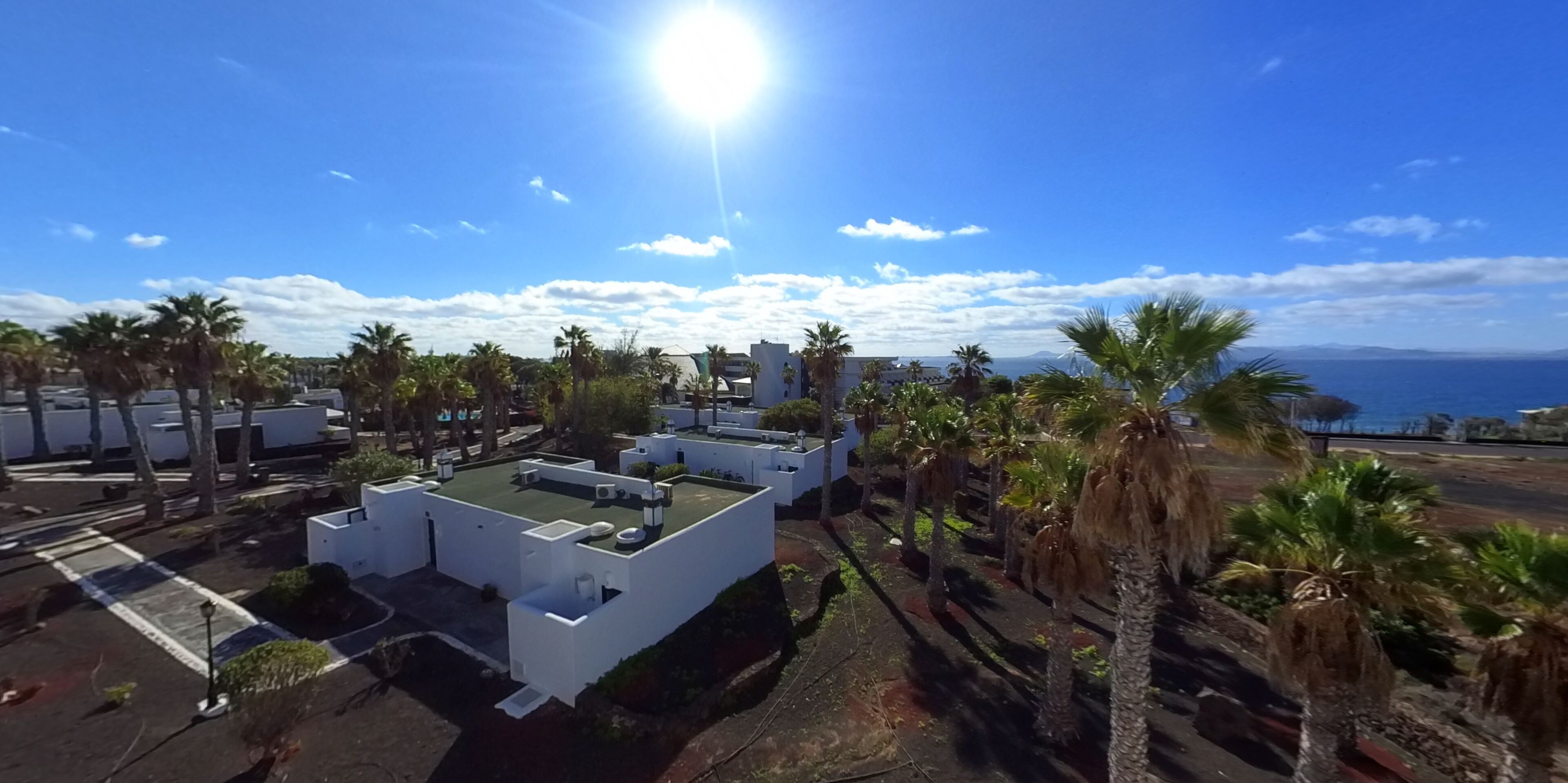 Une terrasse sur le toit offrant une vue dégagée sur la mer, entourée de palmiers et de bâtiments modernes.