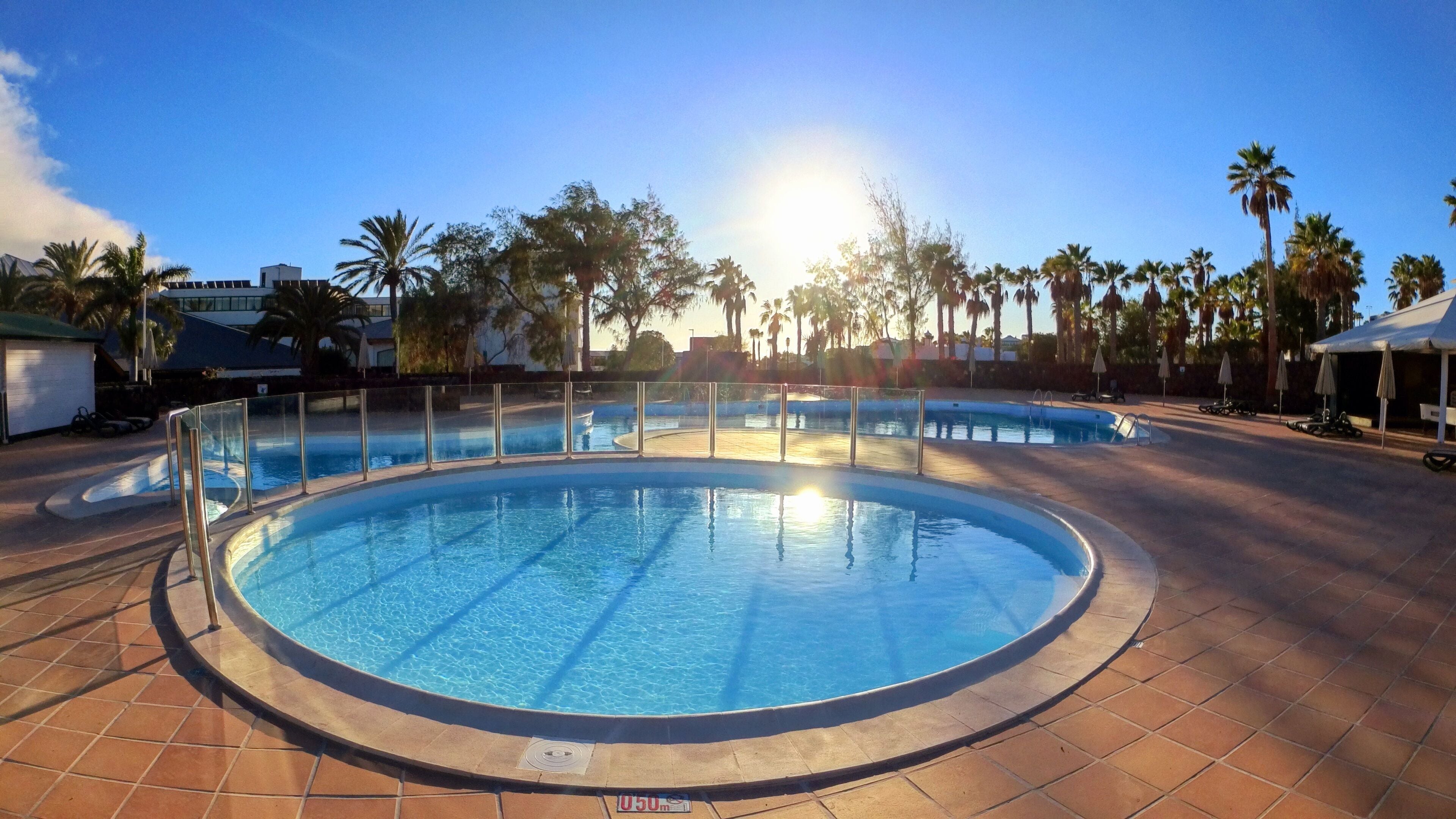 Ein kreisförmiger Swimmingpool mit einer gefliesten Terrasse, umgeben von Palmen und einem klaren Himmel.