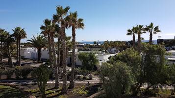 Zona turística con palmeras, piscina y vista al océano.