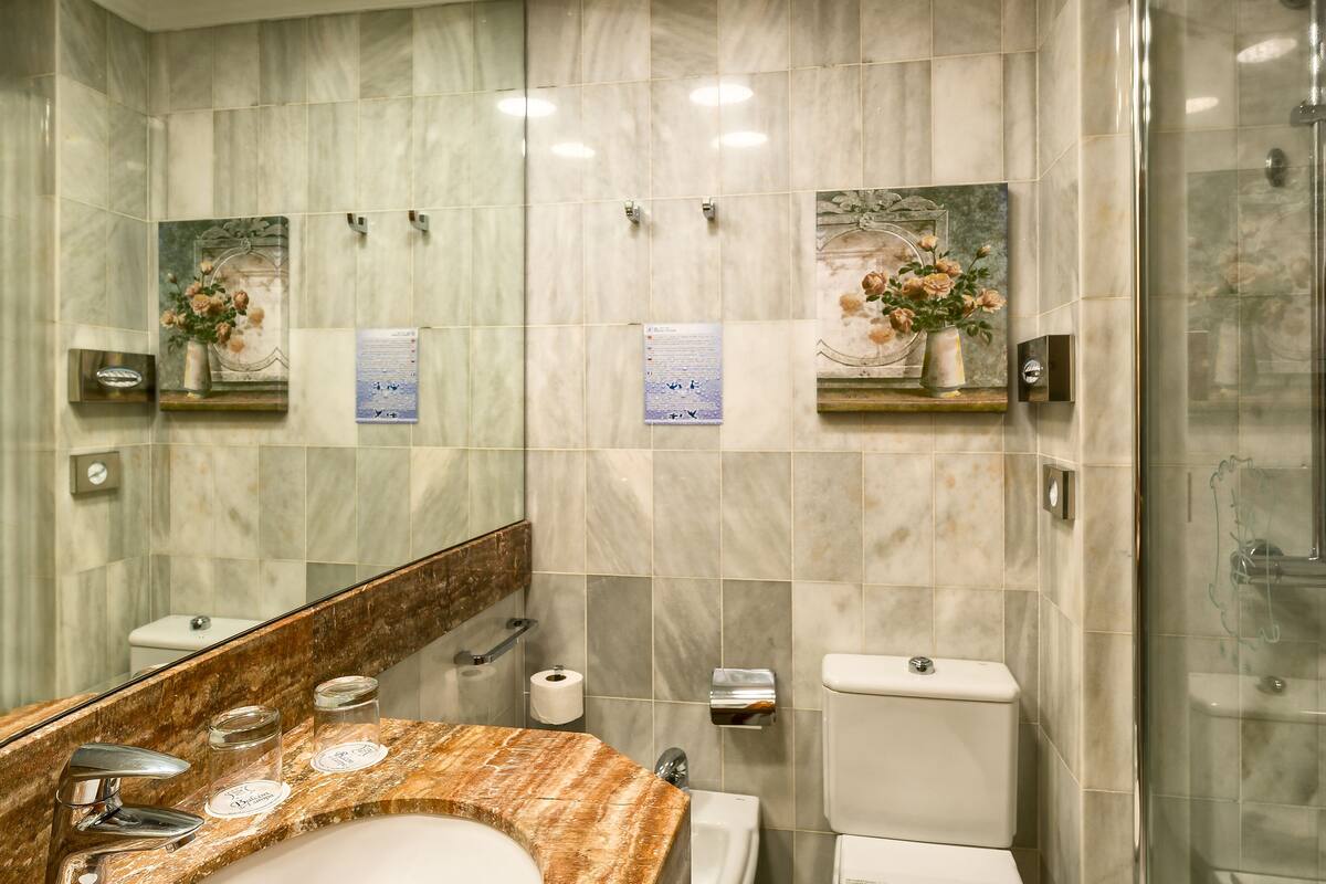 standard double room (interior courtyard view) | bathroom | hair dryer, towels, soap, shampoo