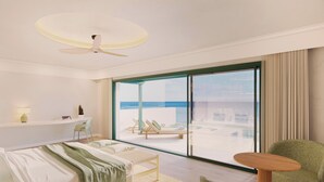 A modern hotel room with a bed, a desk, a chair, a small table, and a balcony with a view of the sea.