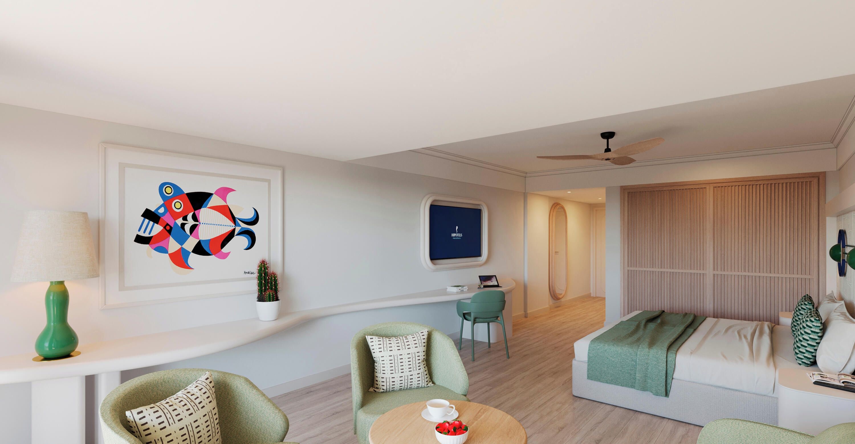 Una habitación de hotel moderna con cama, zona de estar, obras de arte, escritorio y televisión.