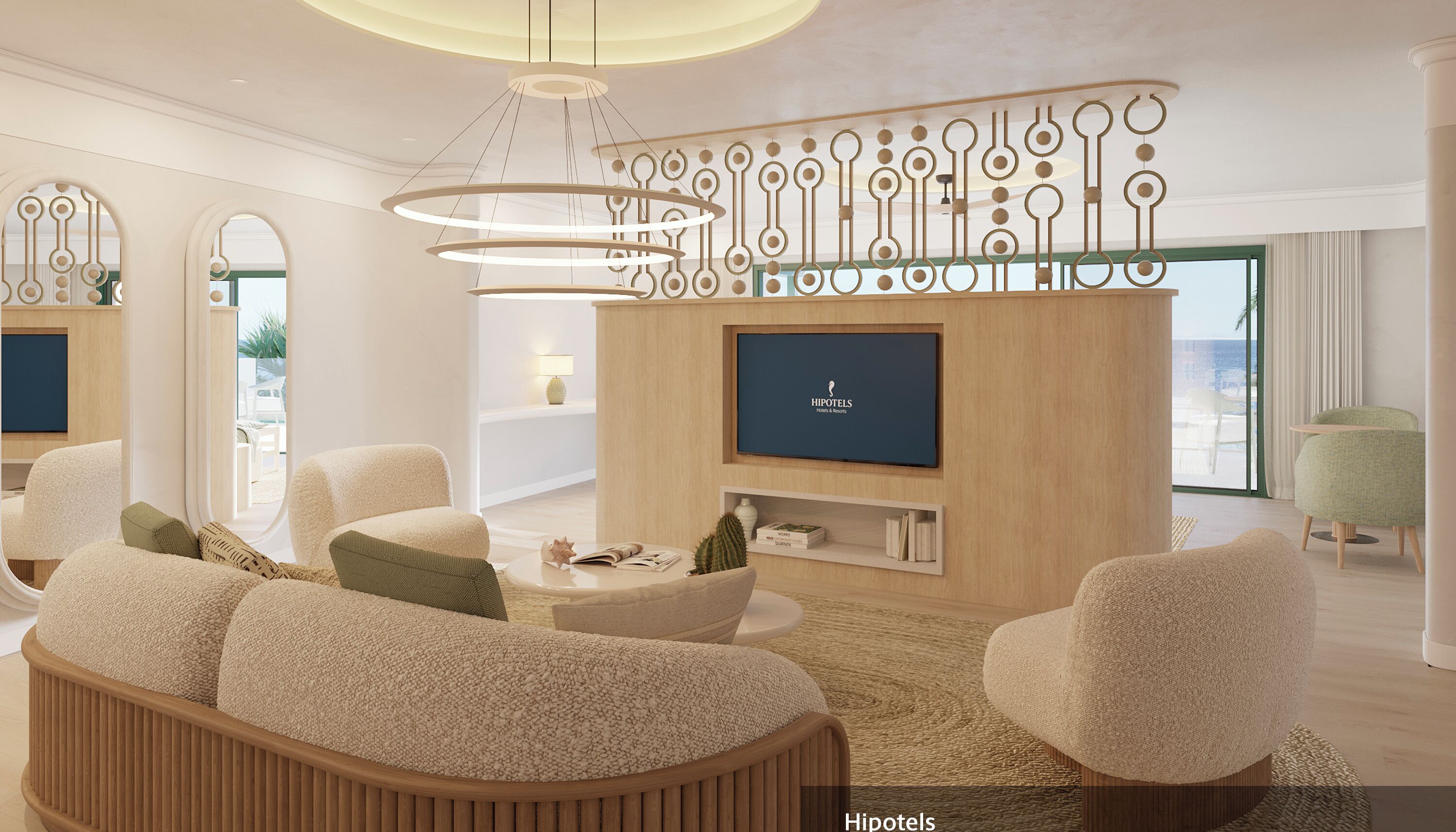 Ein modernes Wohnzimmer mit großem Fernseher, bequemen Sitzmöglichkeiten und einer dekorativen Decke.