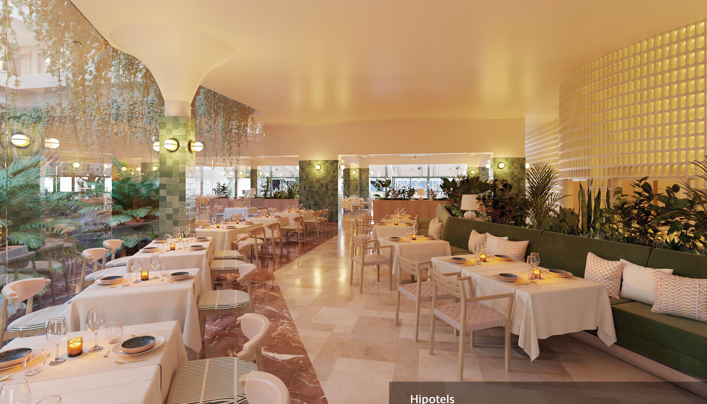 A restaurant with multiple tables, chairs, and a green sofa area.