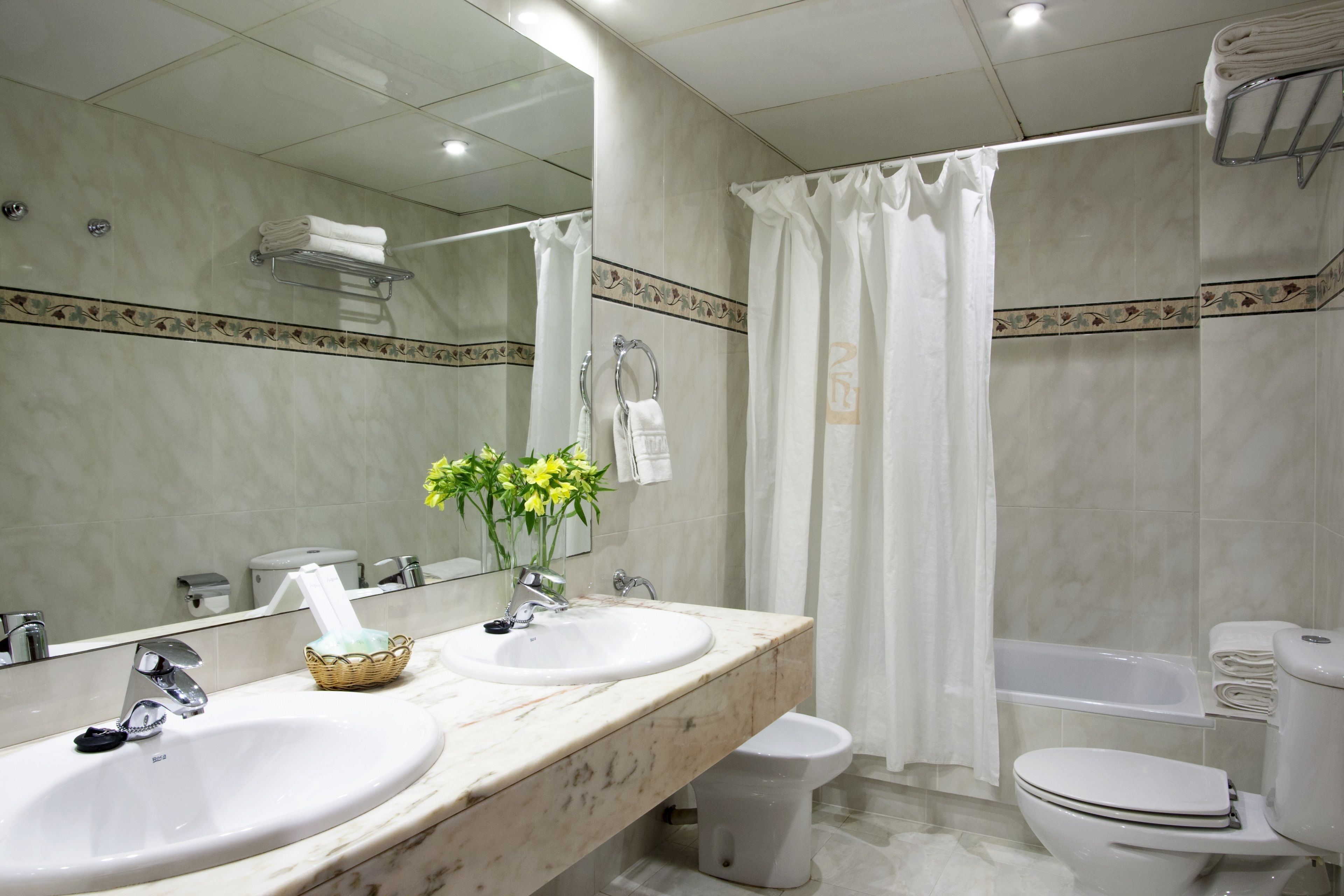 eco-friendly toiletries, hair dryer, towels, shampoo