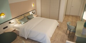 Un dormitorio moderno con cama, mesitas de noche, una silla y un armario.