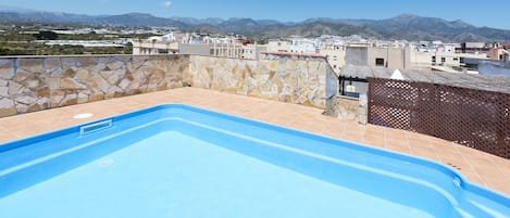 A rooftop swimming pool with a stone wall and a view of distant mountains.