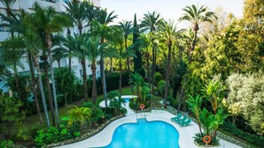 Una piscina rodeada de palmeras y follaje, con un edificio al fondo.