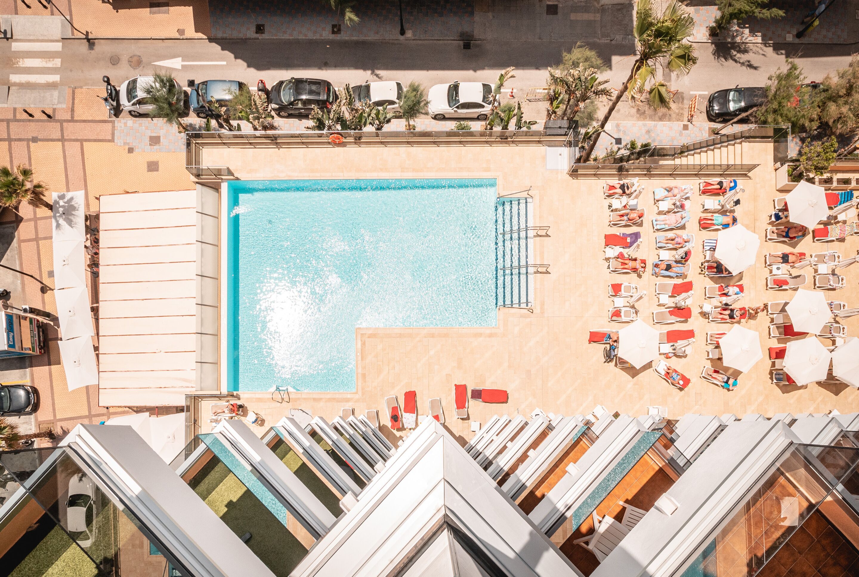 A rooftop swimming pool with sun loungers and umbrellas, surrounded by a parking area and palm trees.