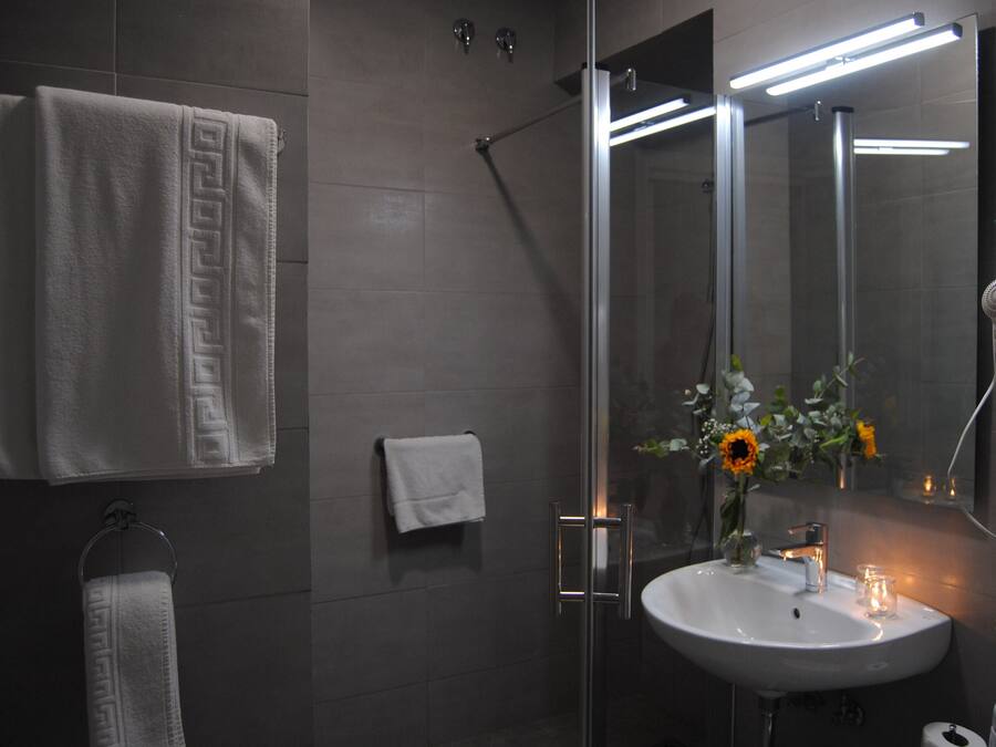 A modern bathroom with a glass shower enclosure, a white sink, and a mirror reflecting the room.
