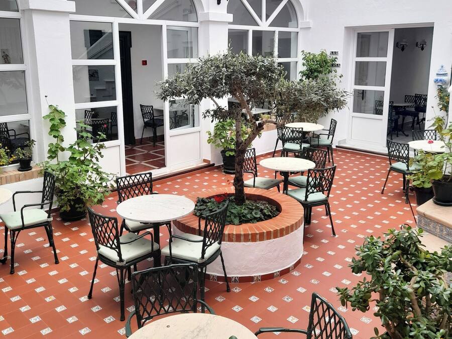 Een binnentuin met buitenmeubilair, plantenpotten en een centrale boom.