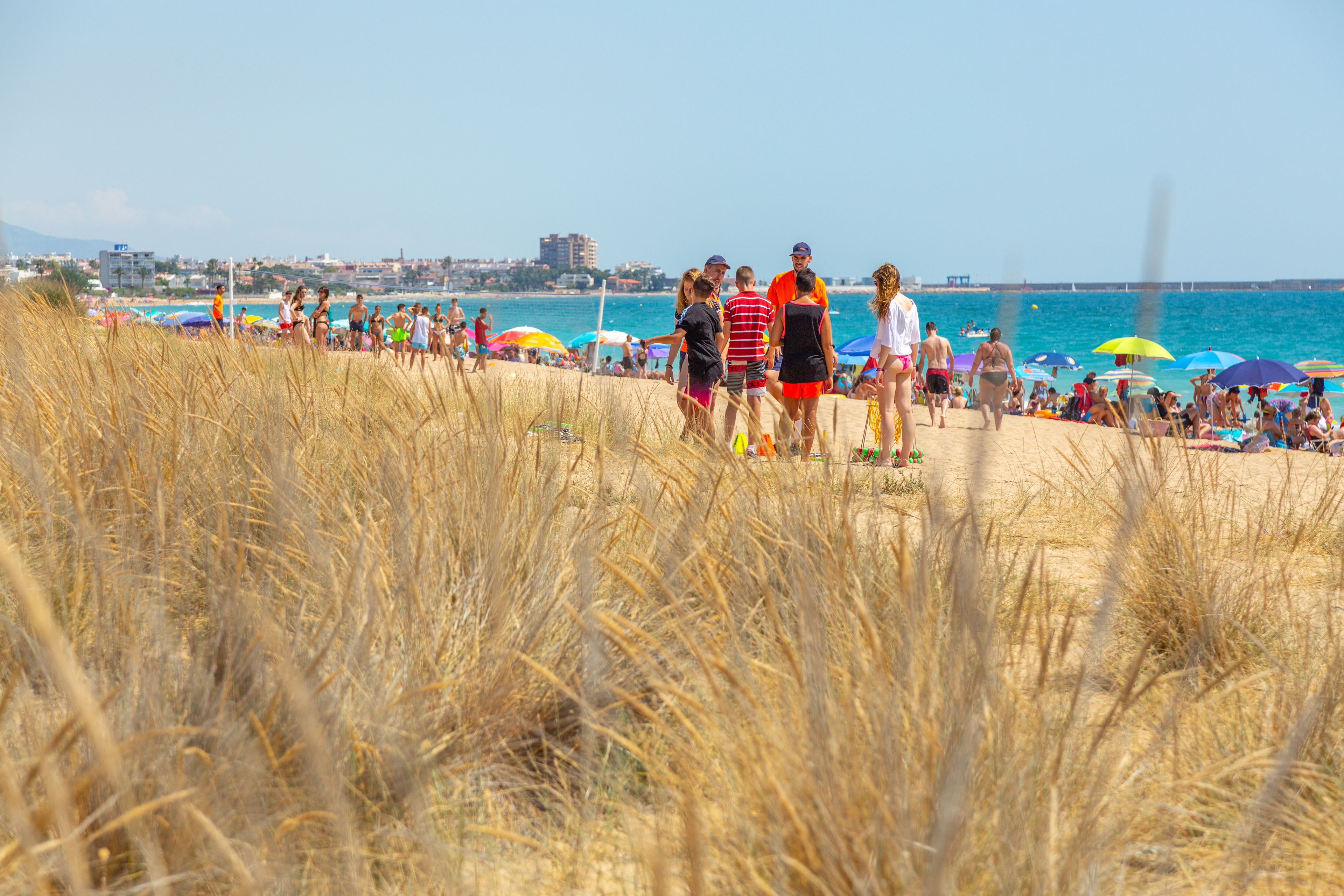 Ein Strand mit Menschen und Sonnenschirmen.