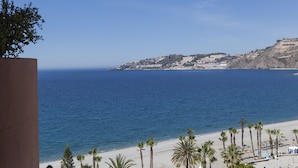Vista costera con playa, palmeras y un asentamiento en la ladera.