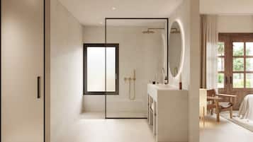 Deluxe Double Room, 1 King Bed, Terrace, Garden View | Bathroom | Shower, free toiletries, hair dryer, bathrobes