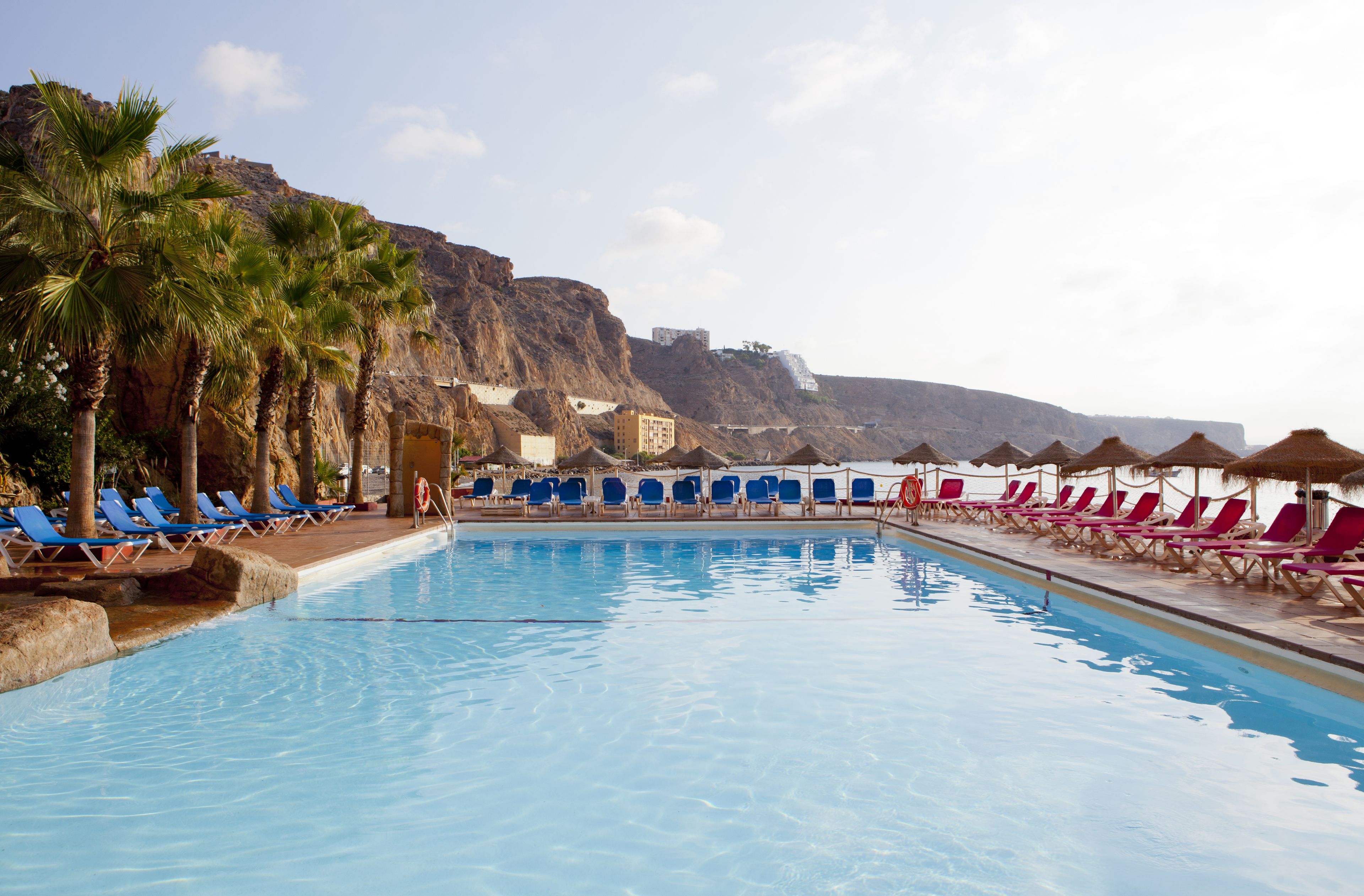 Outdoor pool, pool umbrellas, pool loungers