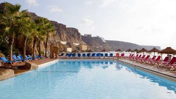 Outdoor pool, pool umbrellas, pool loungers