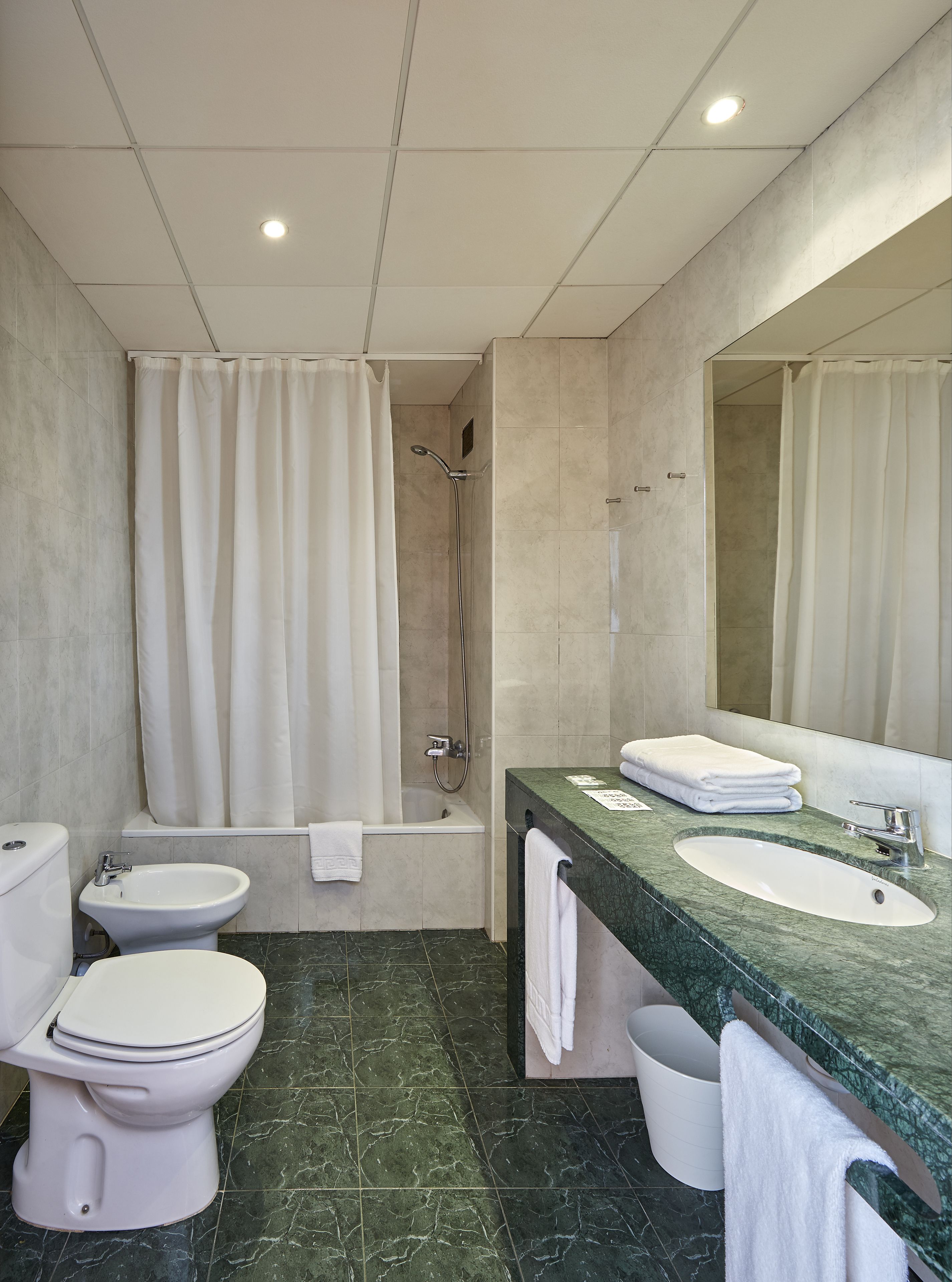 A modern bathroom with a shower, toilet, bidet, and sink.