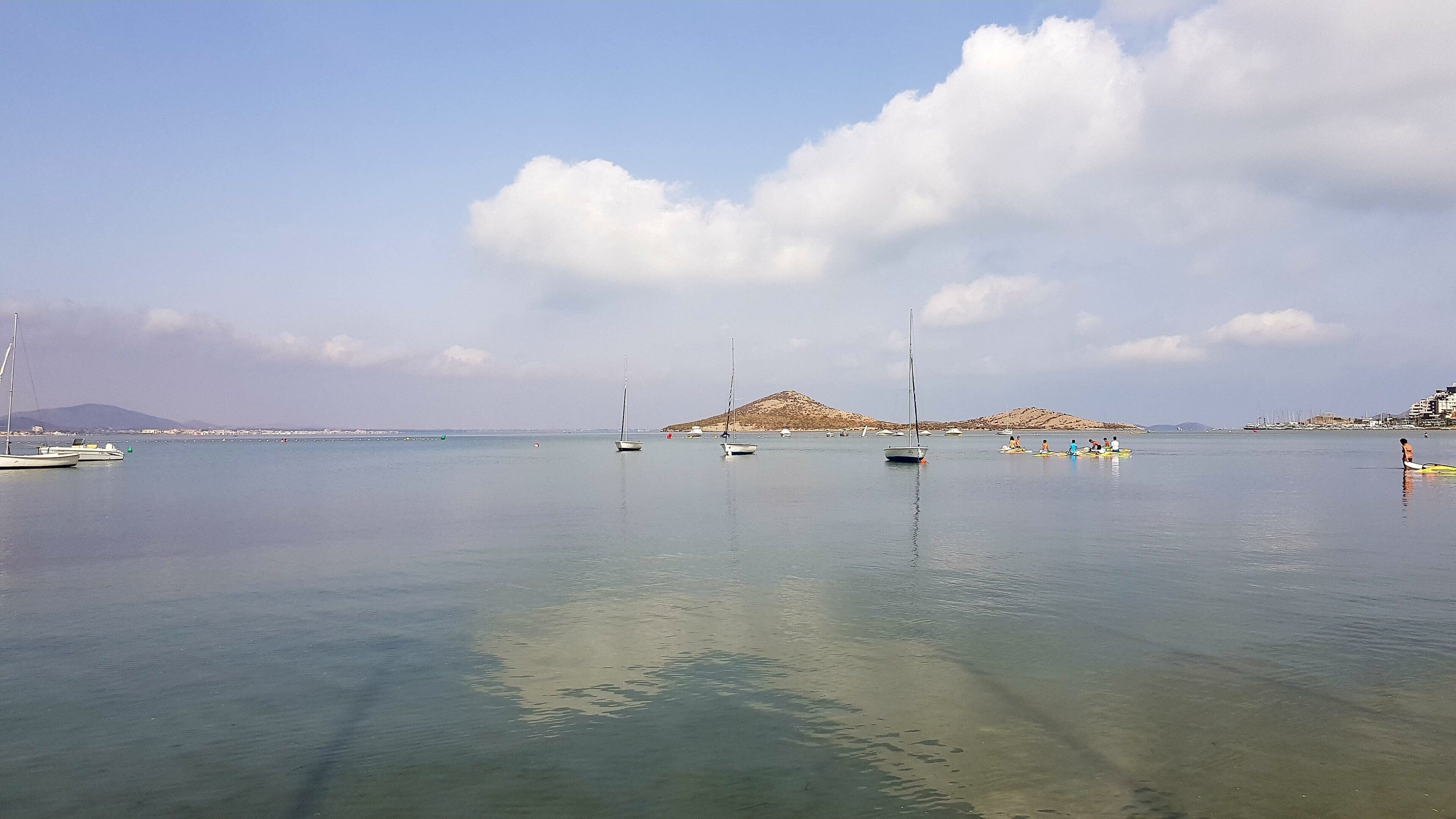 Una marina tranquila con barcos y una pequeña isla a lo lejos.