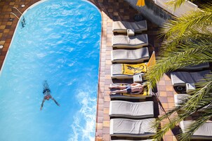 Outdoor pool, pool umbrellas, pool loungers