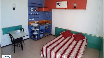 Una habitación pequeña con cama, un escritorio y una kitchenette.