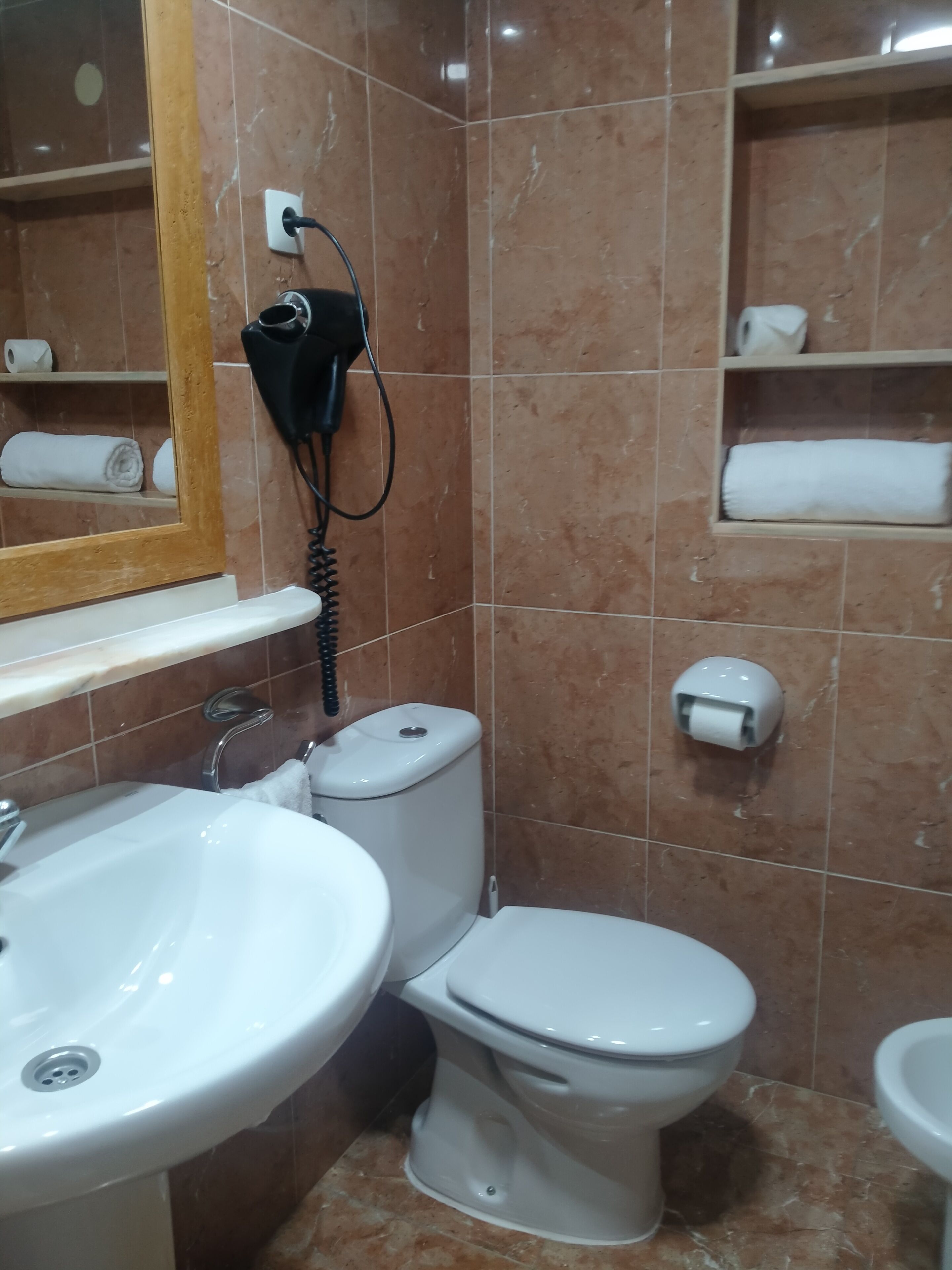 A bathroom with a sink, toilet, and bidet. There is a towel rack with towels and a hand dryer.